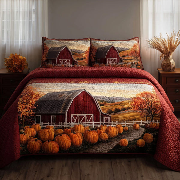 Pumpkin House quilted 3-piece bedding set on a made bed against a dark styled interior