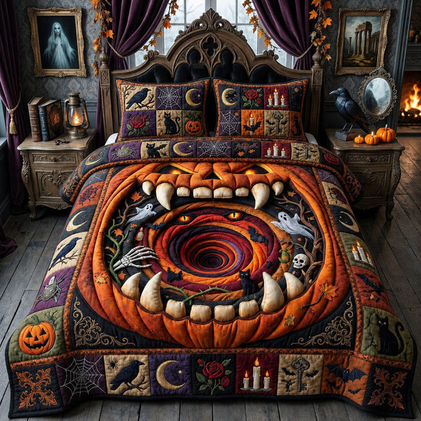 Pumpkin Inferno quilted 3-piece bedding set on a made bed against a dark styled interior