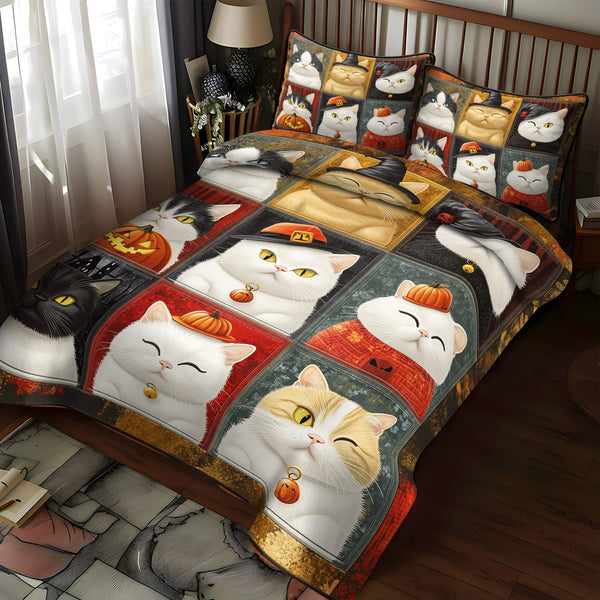 Pumpkin Kitty quilted 3-piece bedding set on a made bed against a dark styled interior