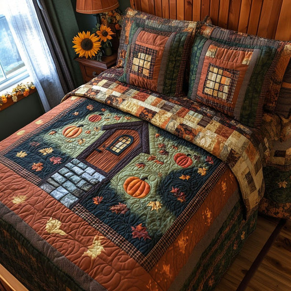 Pumpkin Lantern Lodge quilted 3-piece bedding set on a made bed against a dark styled interior