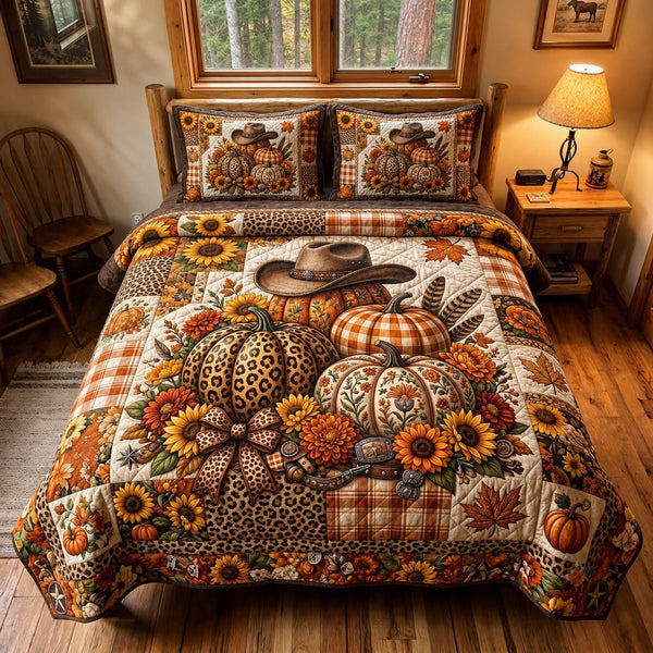 Pumpkin Leopard quilted 3-piece bedding set on a made bed against a dark styled interior