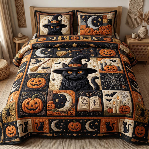 Pumpkin Magic quilted 3-piece bedding set on a made bed against a dark styled interior