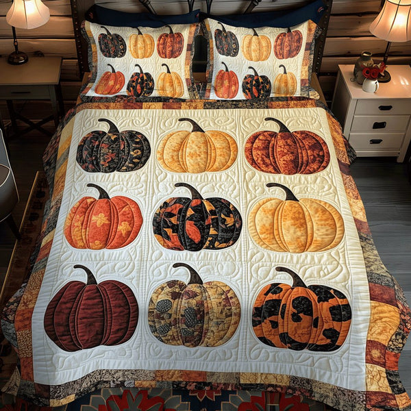 Pumpkin Magic quilted 3-piece bedding set on a made bed against a dark styled interior