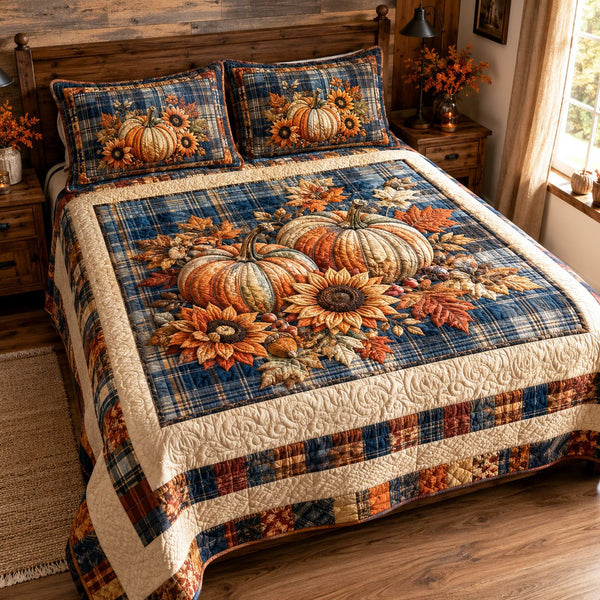 Pumpkin Meadow quilted 3-piece bedding set on a made bed against a dark styled interior