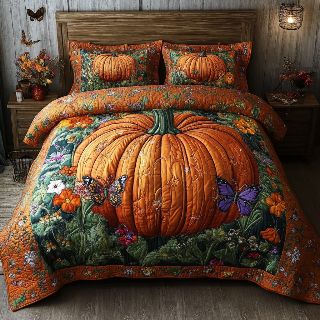 Pumpkin Meadow quilted 3-piece bedding set on a made bed against a dark styled interior