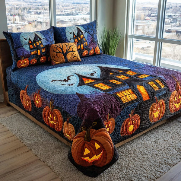 Pumpkin Night Castle quilted 3-piece bedding set on a made bed against a dark styled interior