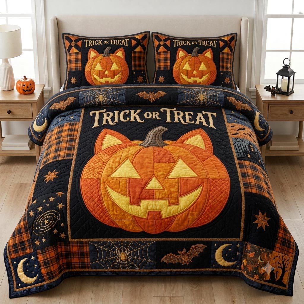 Pumpkin Night quilted 3-piece bedding set on a made bed against a dark styled interior