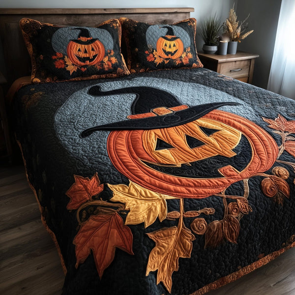 Pumpkin Nightfall quilted 3-piece bedding set on a made bed against a dark styled interior
