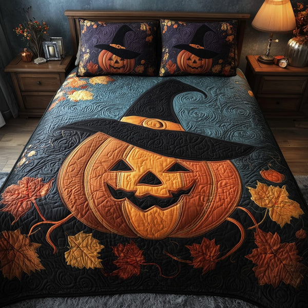 Pumpkin Nightfall quilted 3-piece bedding set on a made bed against a dark styled interior