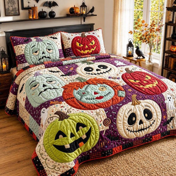 Pumpkin Pal quilted 3-piece bedding set on a made bed against a dark styled interior