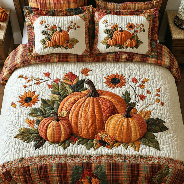 Pumpkin Paradise quilted 3-piece bedding set on a made bed against a dark styled interior