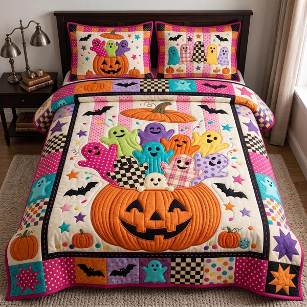 Pumpkin Party quilted 3-piece bedding set on a made bed against a dark styled interior