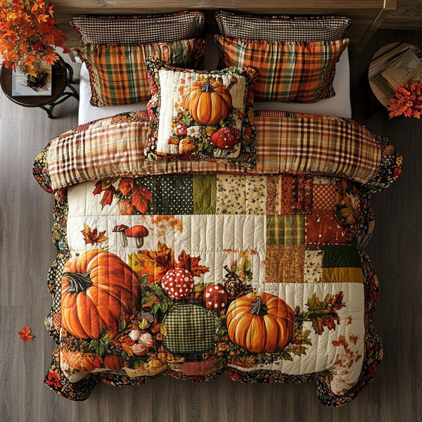 Pumpkin Patch Blessings quilted 3-piece bedding set on a made bed against a dark styled interior