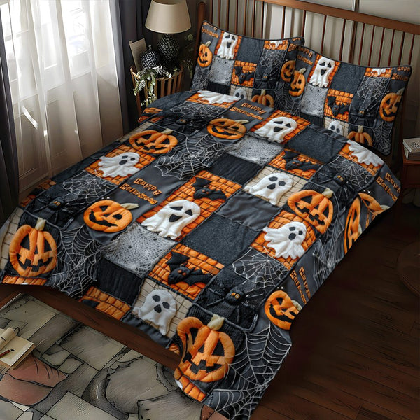 Pumpkin Patch Halloween quilted 3-piece bedding set on a made bed against a dark styled interior