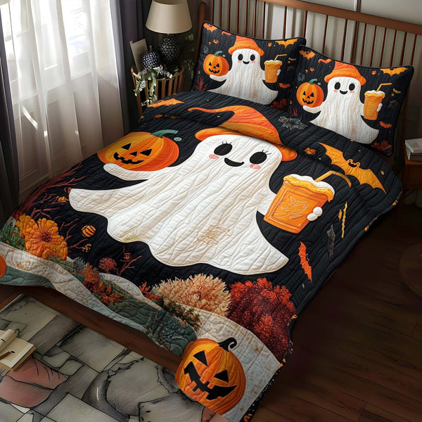 Pumpkin Patch Party quilted 3-piece bedding set on a made bed against a dark styled interior
