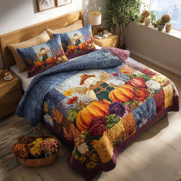Pumpkin Patch Patrol quilted 3-piece bedding set on a made bed against a dark styled interior