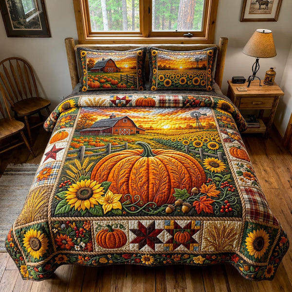 Pumpkin Patch quilted 3-piece bedding set on a made bed against a dark styled interior