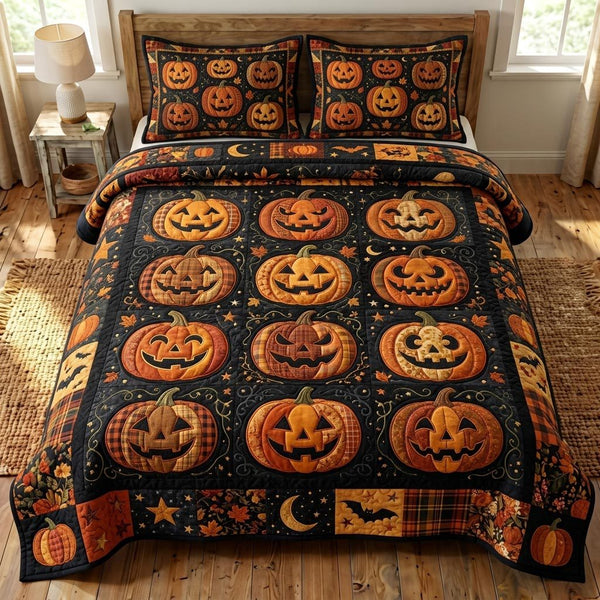 Pumpkin Patch quilted 3-piece bedding set on a made bed against a dark styled interior