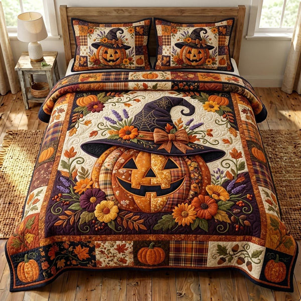 Pumpkin Patch quilted 3-piece bedding set on a made bed against a dark styled interior