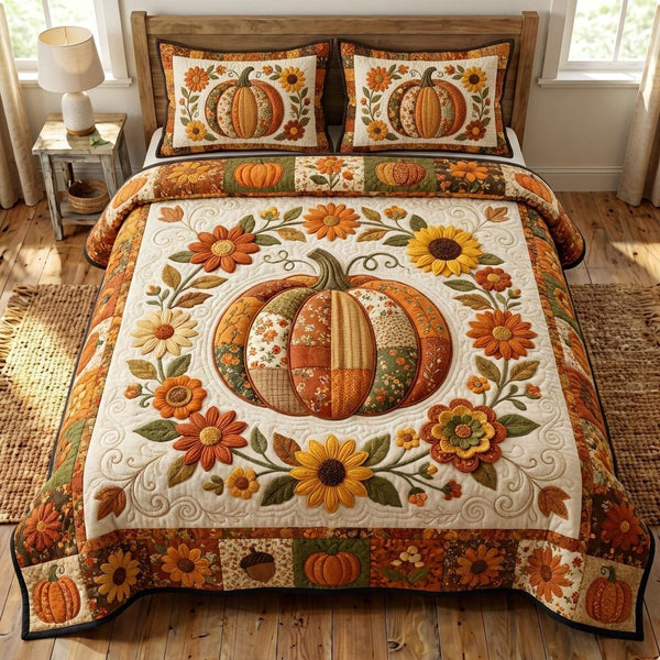 Pumpkin Patch quilted 3-piece bedding set on a made bed against a dark styled interior
