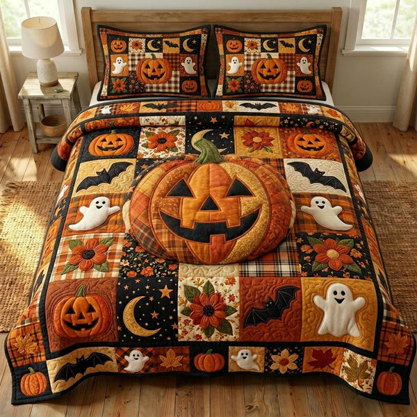Pumpkin Patch quilted 3-piece bedding set on a made bed against a dark styled interior