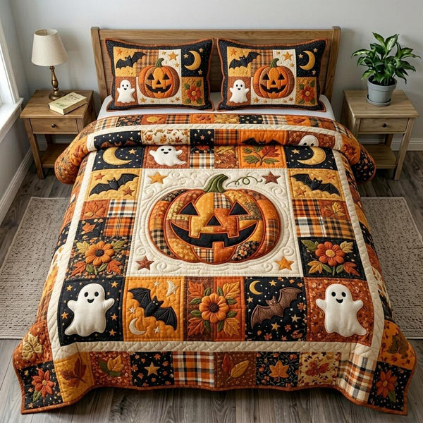 Pumpkin Patch quilted 3-piece bedding set on a made bed against a dark styled interior