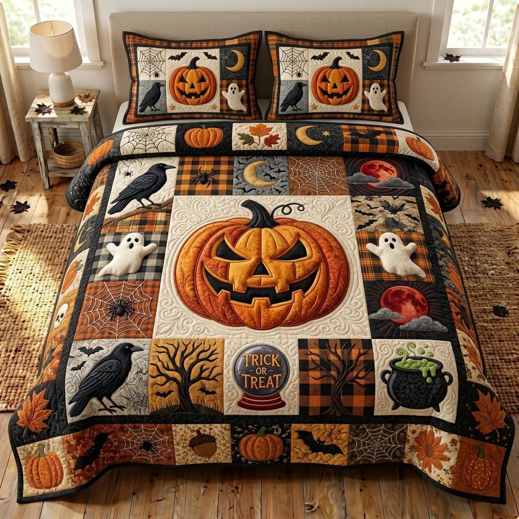 Pumpkin Patch quilted 3-piece bedding set on a made bed against a dark styled interior