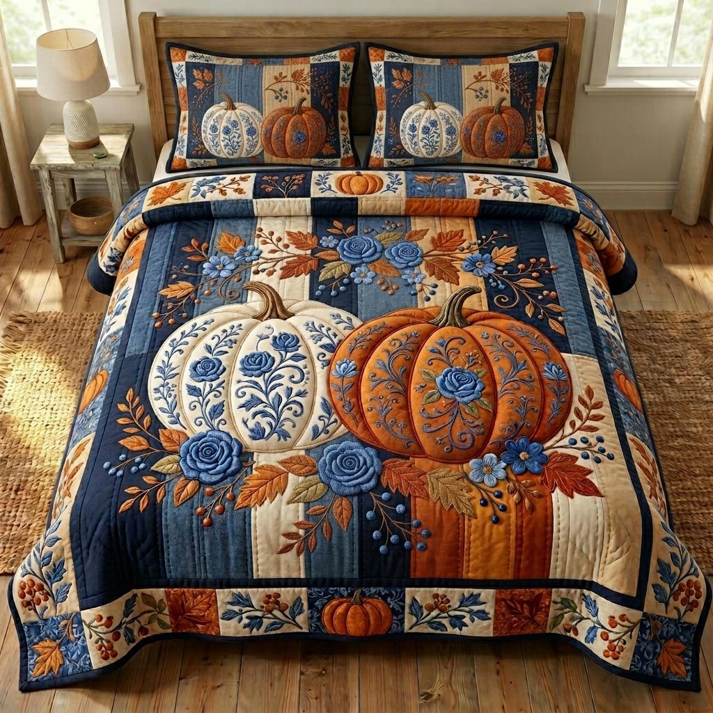 Pumpkin Patch quilted 3-piece bedding set on a made bed against a dark styled interior