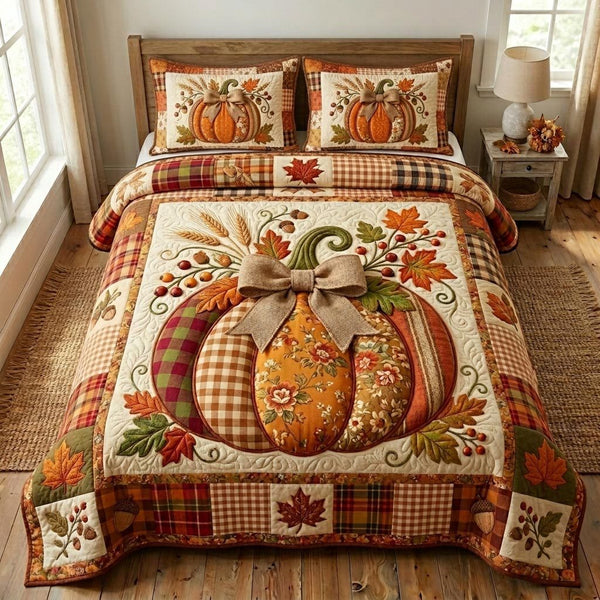 Pumpkin Patch quilted 3-piece bedding set on a made bed against a dark styled interior