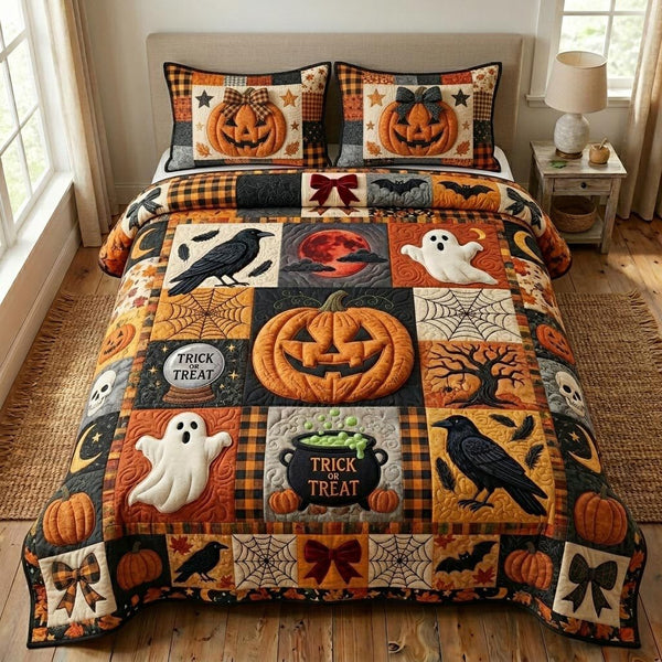 Pumpkin Patch quilted 3-piece bedding set on a made bed against a dark styled interior
