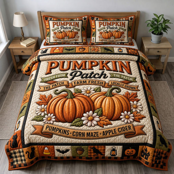 Pumpkin Patch quilted 3-piece bedding set on a made bed against a dark styled interior