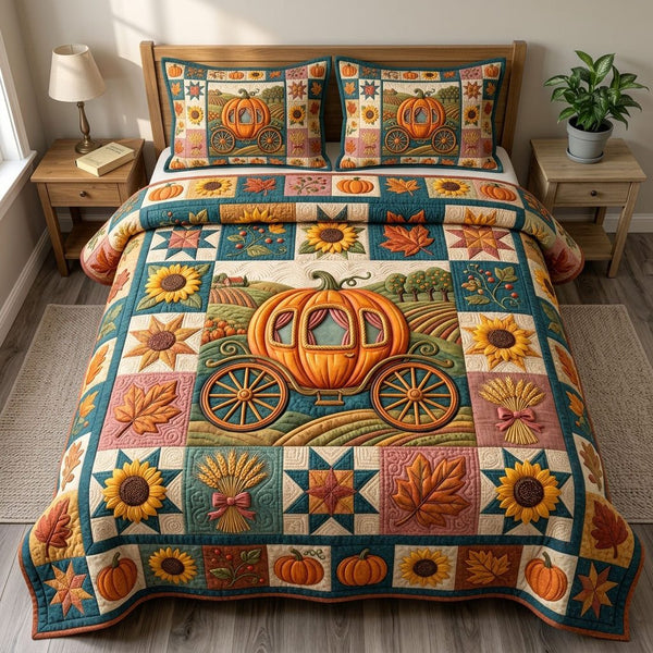 Pumpkin Patch quilted 3-piece bedding set on a made bed against a dark styled interior