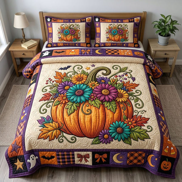 Pumpkin Patch quilted 3-piece bedding set on a made bed against a dark styled interior