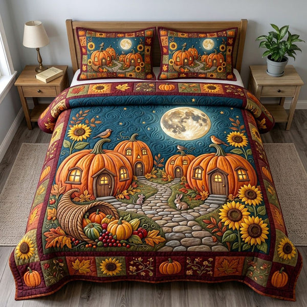 Pumpkin Patch quilted 3-piece bedding set on a made bed against a dark styled interior