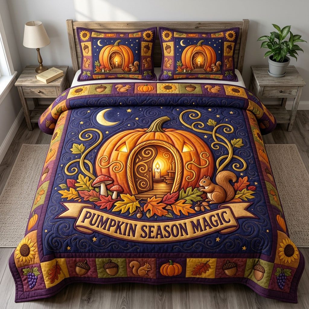 Pumpkin Patch quilted 3-piece bedding set on a made bed against a dark styled interior