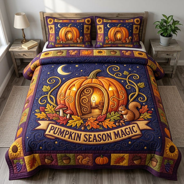 Pumpkin Patch quilted 3-piece bedding set on a made bed against a dark styled interior