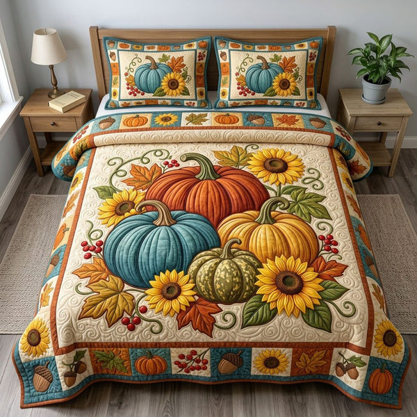 Pumpkin Patch quilted 3-piece bedding set on a made bed against a dark styled interior