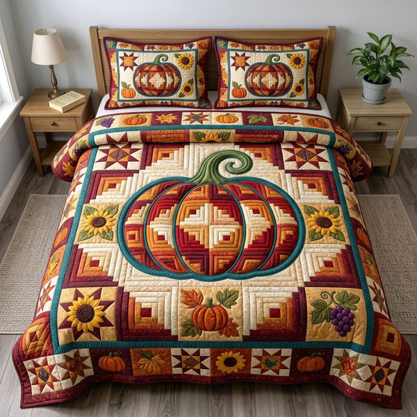 Pumpkin Patch quilted 3-piece bedding set on a made bed against a dark styled interior