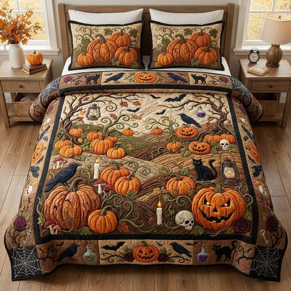 Pumpkin Patch quilted 3-piece bedding set on a made bed against a dark styled interior