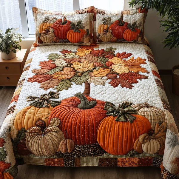 Pumpkin Patch quilted 3-piece bedding set on a made bed against a dark styled interior