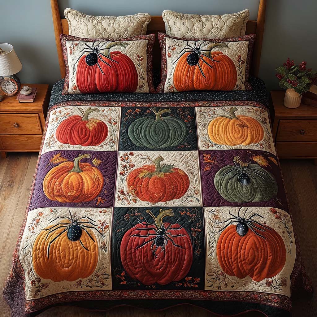 Pumpkin Patch quilted 3-piece bedding set on a made bed against a dark styled interior