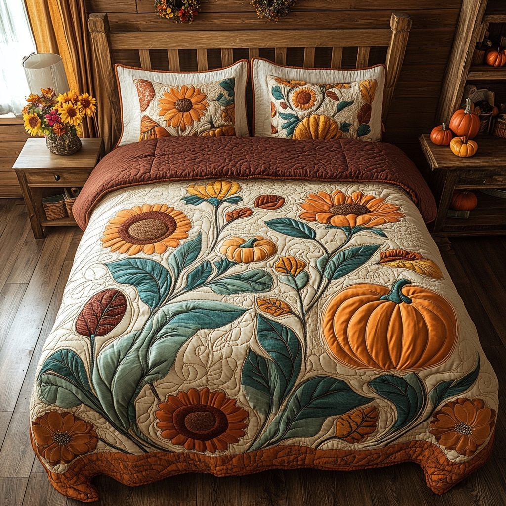 Pumpkin Patch quilted 3-piece bedding set on a made bed against a dark styled interior