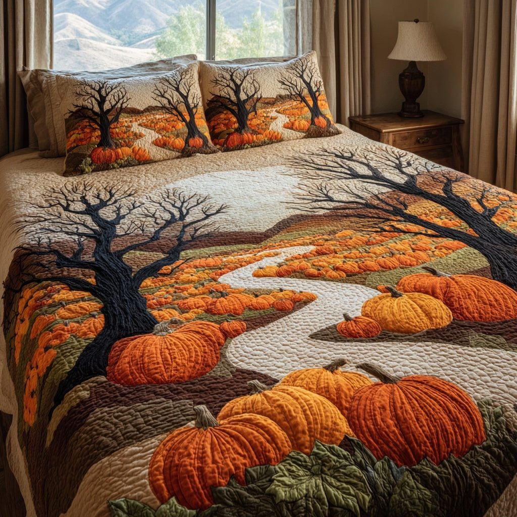 Pumpkin Patch quilted 3-piece bedding set on a made bed against a dark styled interior