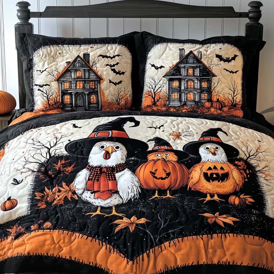 Pumpkin Patch Shadows quilted 3-piece bedding set on a made bed against a dark styled interior