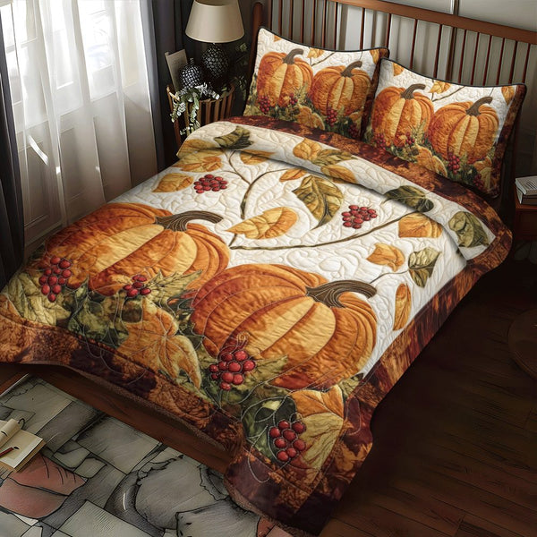 Pumpkin Patch Thanksgiving quilted 3-piece bedding set on a made bed against a dark styled interior