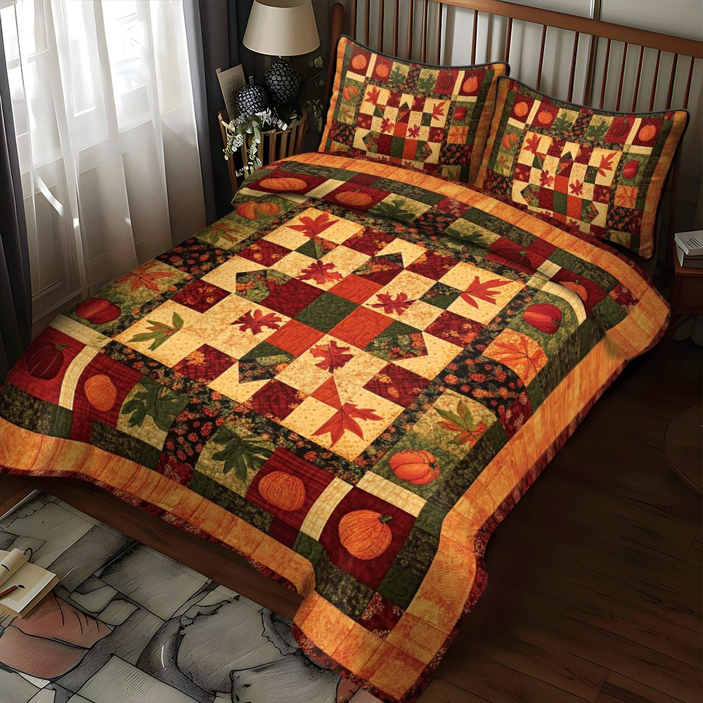 Pumpkin Patchwork Fall quilted 3-piece bedding set on a made bed against a dark styled interior