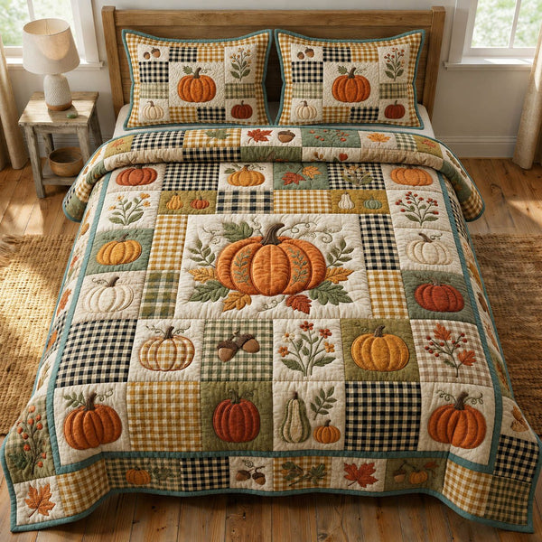 Pumpkin Patchwork quilted 3-piece bedding set on a made bed against a dark styled interior