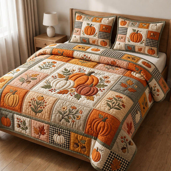 Pumpkin Patchwork quilted 3-piece bedding set on a made bed against a dark styled interior