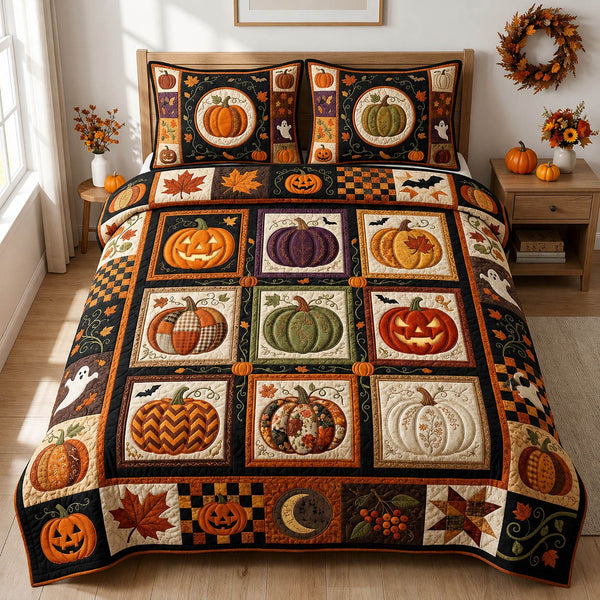 Pumpkin Patchwork quilted 3-piece bedding set on a made bed against a dark styled interior