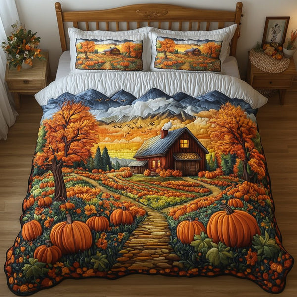 Pumpkin Path quilted 3-piece bedding set on a made bed against a dark styled interior